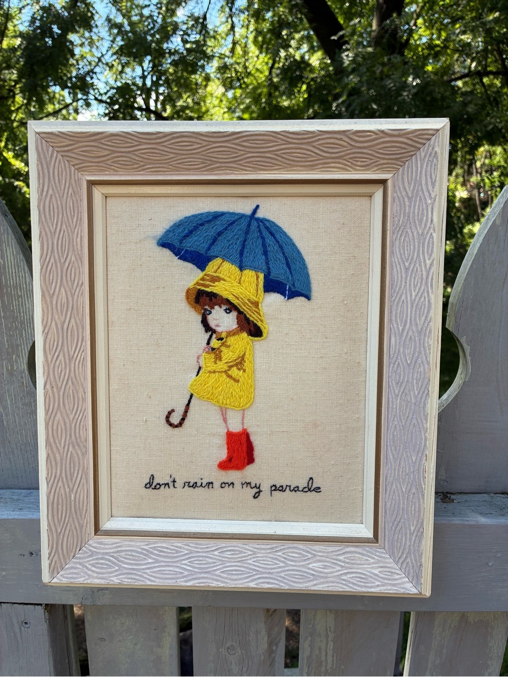Vintage Framed Rainy Day Girl Cross-stitch “Don’t Rain On My Parade”